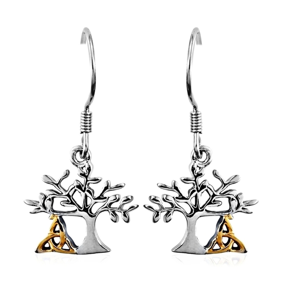 Tree of Life ✦ Drop Earrings ✦ Platinum Over 925 Silver w/ 14k Celtic Knot 2.75g - Picture 1 of 5
